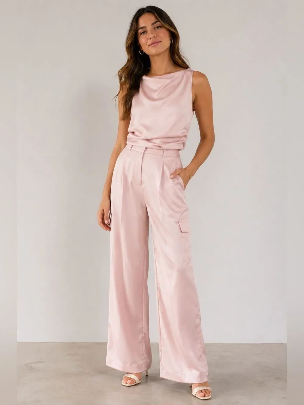 NWT DÉLUC Pousos Satin Cargo Pant & Draped Tank Set Blush Pink Size Small